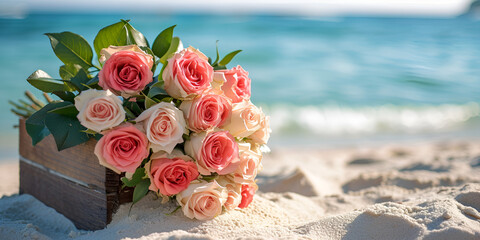 Celebrating wedding day at beach is ideal,give suprising wedding bouquet alongwith promises,warm wishes, love attention, bride roses, eustome, peony roses in pink and beige tones