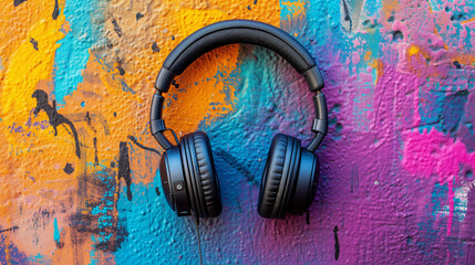 urban cool: headphones on graffiti art wall