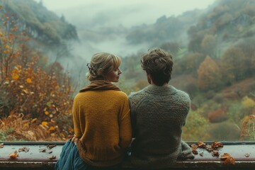 A couple enjoying a scenic train ride through picturesque landscapes