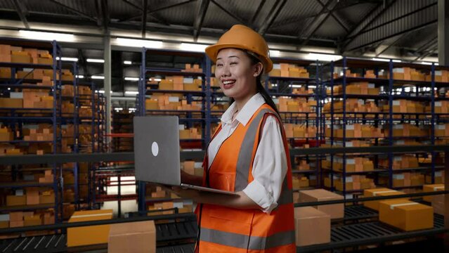 Side View Of Asian Female Engineer With Safety Helmet Looking At A Laptop And Looking Around While Standing In The Warehouse With Shelves Full Of Delivery Goods

