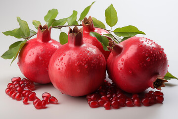 Realistic pomegranate photos. Fresh pomegranates with realistic lighting. Red pomegranates on a red and black background. Whole pomegranate and split pomegranate seeds. 3D pomegranate rendering.
