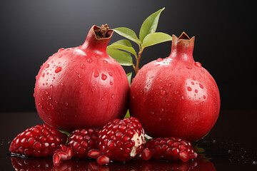 realistic pomegranate paintings. Fresh pomegranates with raindrops on the leaves. Red pomegranate set on a red background. Whole pomegranate and split pomegranate seeds.