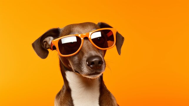 Playful pooch: cute small dog having fun against a vibrant orange background - adobe stock photo