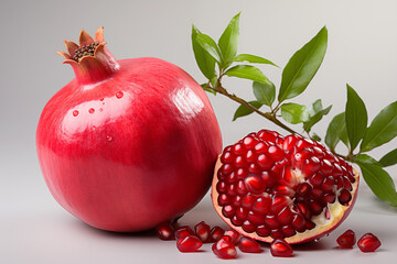 realistic pomegranate paintings. Fresh pomegranates with raindrops on the leaves. Red pomegranate set on a red background. Whole pomegranate and split pomegranate seeds.