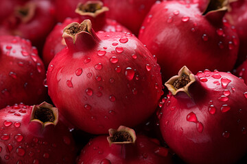 Realistic pomegranate photos. Fresh pomegranates with realistic lighting. Red pomegranates on a red and black background. Whole pomegranate and split pomegranate seeds. 3D pomegranate rendering.