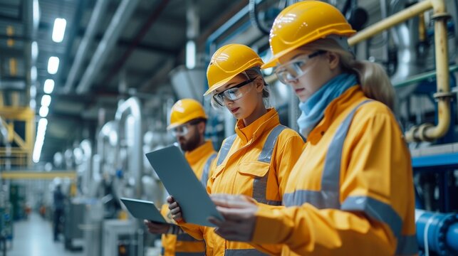 sefty engineer manager wearing full PPE meeting with engineering team with labtop at new factory ,generative ai
