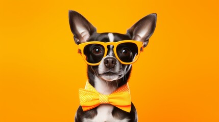 Playful pooch: cute small dog having fun against a vibrant orange background - adobe stock photo - obrazy, fototapety, plakaty