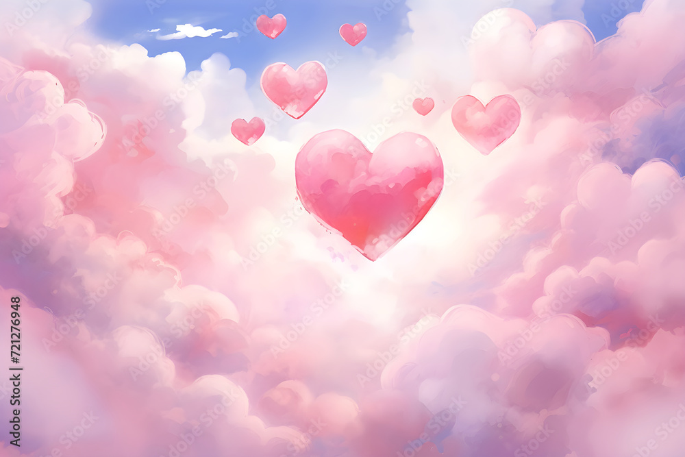 Wall mural pink hearts on cloudy sky. love, valentine day, wedding concept. abstract romantic background for de