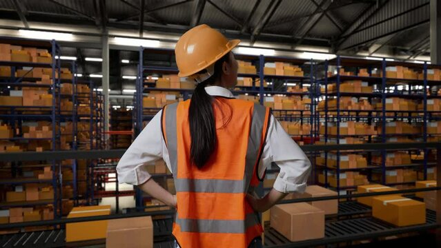 Back View Of Asian Female Engineer With Safety Helmet Standing Raising Her Hands Celebrating Working In The Warehouse With Shelves Full Of Delivery Goods
