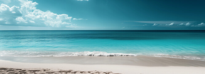 beach setting has a sand and turquoise sea.
