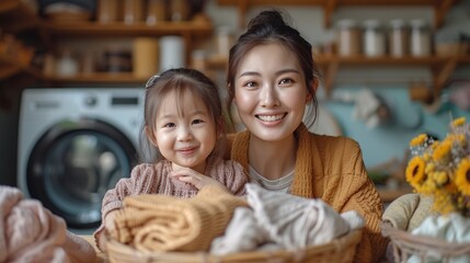 asian woman sitting in front of a washing machine handing cloth from a basket to her cute daughter to smell after cleaning it in a laundry room at home ,generative ai