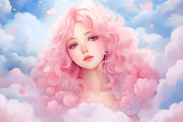 Cute girl cupid, angel or amur with pink hair on cloudy sky with hearts. Romantic character for  Valentine's day 