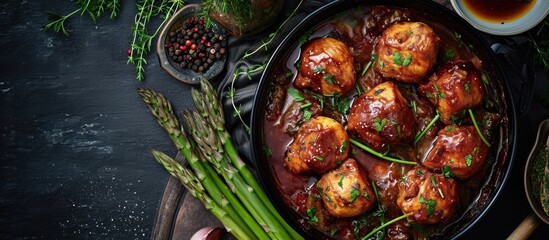 Bacon and chicken minced rolls served in a spice-infused stew with fresh asparagus.