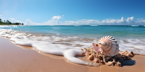Obraz na płótnie Canvas summer beach with shells under blue sky