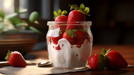 White yoghurt in a glass jar with strawberries

