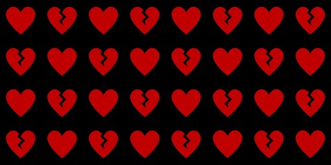 Red hearts and broken hearts on black background pattern Valentine background vector