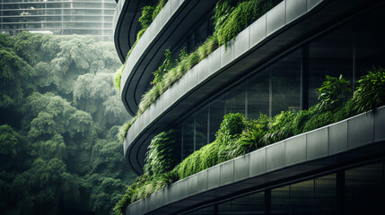 Sustainable green building. Eco-friendly building. Sustainable glass office building with garden on balconies. Office with green environment. Green architecture. Corporate building. - obrazy, fototapety, plakaty