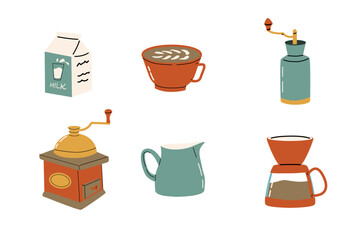 Set of coffee brewing equipment and supplies. Vector illustration of coffee maker, grinder, cup isolated. Retro colors. 