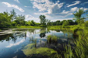 Obraz na płótnie Canvas Wetlands and natural carbon sink concept. Wetlands forest with reflections in water. Freshwater wetland. Body of water. Landscape of natural carbon capture. Sustainable Ecosystems.