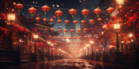 Banner with chinese old street with lanterns and flowers. Chinese Lunar New Year concept. Shallow depth of field. - obrazy, fototapety, plakaty