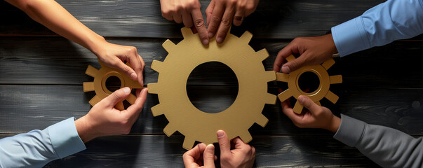 Collaborative business gears. Teamwork concept. Ideal image for symbolizing cooperation and synergy among business professionals, visually representing a unified effort for success. - obrazy, fototapety, plakaty