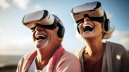 Two older adults using virtual reality glasses