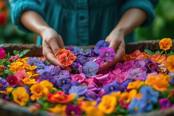 A person arranging heart-shaped flower petals to create a vibrant garden path