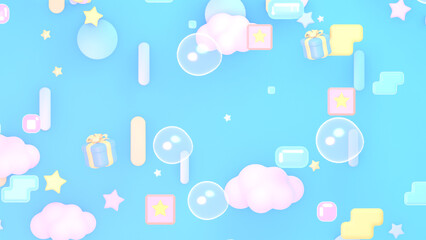 3d rendered cartoon blue sky with clouds, bubbles, stars, lines, and gift boxes.