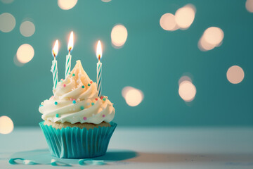 3 Candles Birthday cupcake on a light background. Tempting dessert for celebrations. Perfect image to showcase sweet treats and create an appetizing visual for birthday-related content.