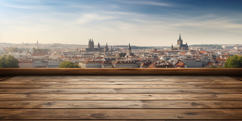 The empty wooden table top with blur background of sky lounge on rooftop with cityscape .