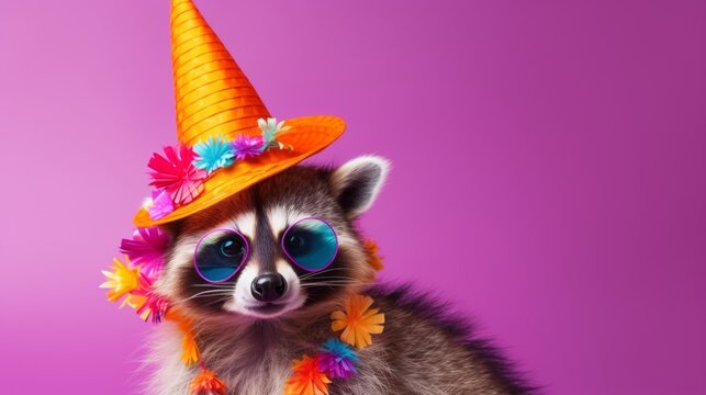 Festive raccoon celebrating with humor: playful animal wearing vibrant summer hat and trendy sunglasses