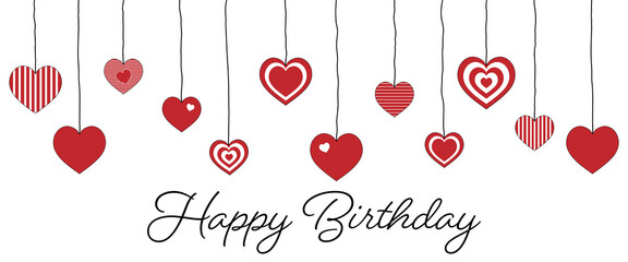 Happy Birthday - Schriftzug in englischer Sprache - Alles Gute zum Geburtstag. Grußkarte mit rot-weißen Herzen.