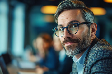 Obraz premium A Skilled leader in eyeglasses coaching interested business people 