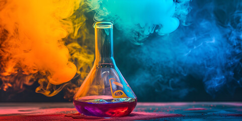chemical reaction: burning hydrocarbons  in a flask, with blue yellow smoke background Toxicology of Smoke  - obrazy, fototapety, plakaty