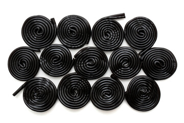 top view licorice wheels isolated white background