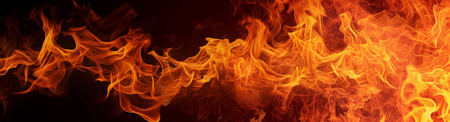 Fiery flames against black backdrop. Blazing fire on dark background. Striking image of flames, perfect for dramatic visual impact and intense, dynamic concepts.