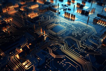 A futuristic feel is achieved by the complex circuit board's gold and copper lines against a dark backdrop—a striking circuit board background. Created with generative AI tools