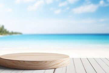 Obraz premium Set on a weathered wooden table, a white circular pedestal complements the natural beauty of a sandy beach, a blue ocean, and a light blue sky. Created with generative AI tools
