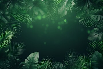 Jungle palm leaves in shades of vibrant green create a captivating frame for the background. Created with generative AI tools