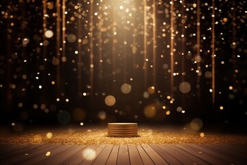 Against a dark backdrop, golden particles suspend in the air around a podium on a wooden stage, setting a mood of festivity and celebration. Created with generative AI tools - obrazy, fototapety, plakaty