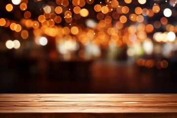 The wooden table takes center stage amidst the ethereal and blurred restaurant lights background, enhancing the ambiance of the dining area. Created with generative AI tools