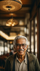 Retired elderly man with clear eyeglasses, gray hair, enjoying time in a public restaurant or casino setting, vertical image. 