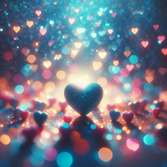 Fototapeta premium heart shaped bokeh, blue and pink, confetti, blurry heart background, romantic, valentine's day, depth of field, heart shaped multicolored lights, haze, rainbow, blue blurred background