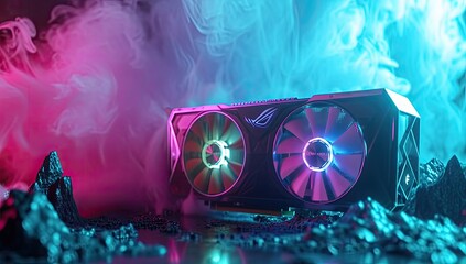 A GPU, its spinning cooling fans accentuated by colorful wisps of smoke.