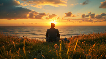 Man sitting on grass in front of sea at sunset