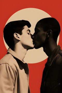 Young gay boys kissing. Contemporary art collage. Creative design in pop art retro style. Relationship, love, feelings. Card or poster for Valentine's day