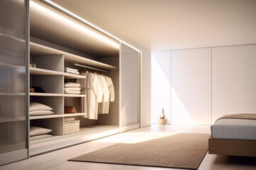 Modern white walk in closet, minimal walk in wardrobe interior design.