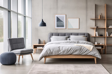 Stylish grey bedroom interior design modern and minimal style, loft bedroom.