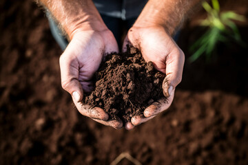 Fertile soil in farmer hands, environamental conservation, sustainability and earthday concept. 
