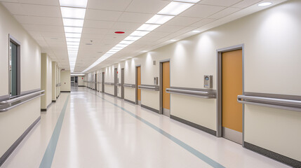 Hospital corridor, interior of modern hospital hallway, healthcare and insurance concept. 